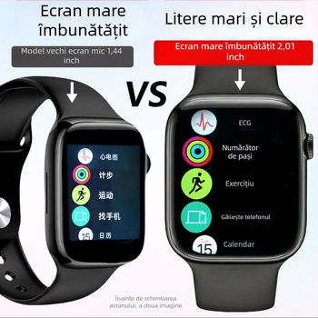 Ceas inteligent multifuncțional cu monitorizare tensiune arterială, ritm cardiac, glicemie, urmărire somn, apeluri Bluetooth, NFC și încărcare USB; display TFT 2,01 inchi, carcasă pătrată din aliaj de aluminiu, curea din silicon.