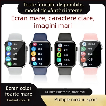 Ceas inteligent multifuncțional cu monitorizare tensiune arterială, ritm cardiac, glicemie, urmărire somn, apeluri Bluetooth, NFC și încărcare USB; display TFT 2,01 inchi, carcasă pătrată din aliaj de aluminiu, curea din silicon.