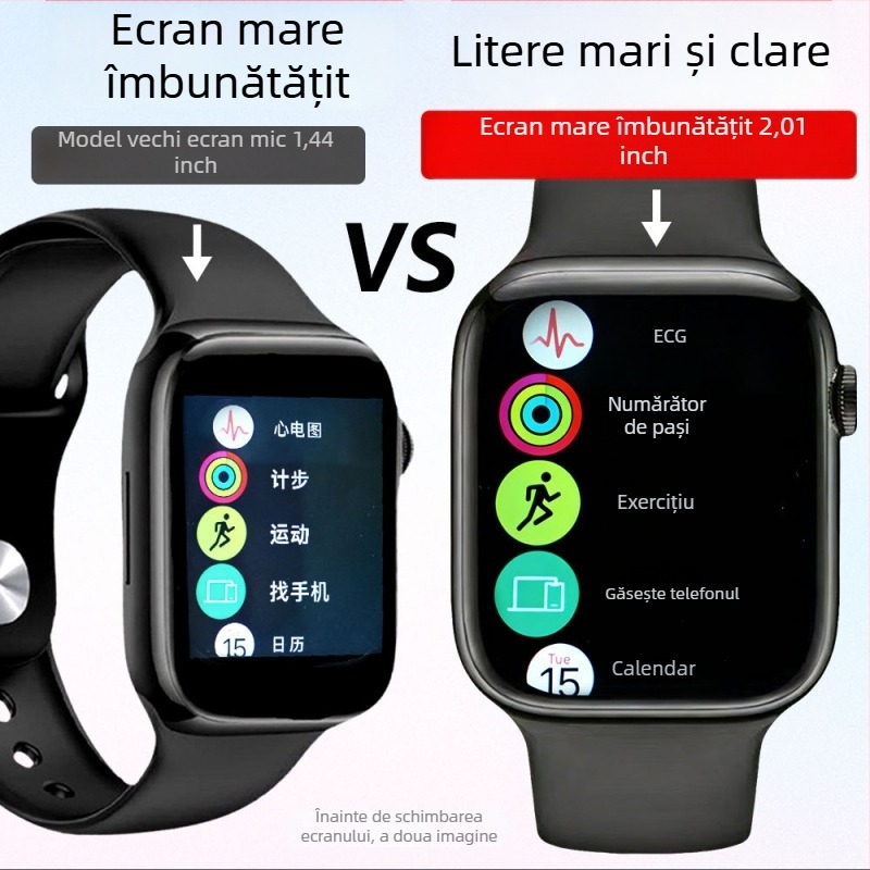 Ceas inteligent multifuncțional cu monitorizare tensiune arterială, ritm cardiac, glicemie, urmărire somn, apeluri Bluetooth, NFC și încărcare USB; display TFT 2,01 inchi, carcasă pătrată din aliaj de aluminiu, curea din silicon.
