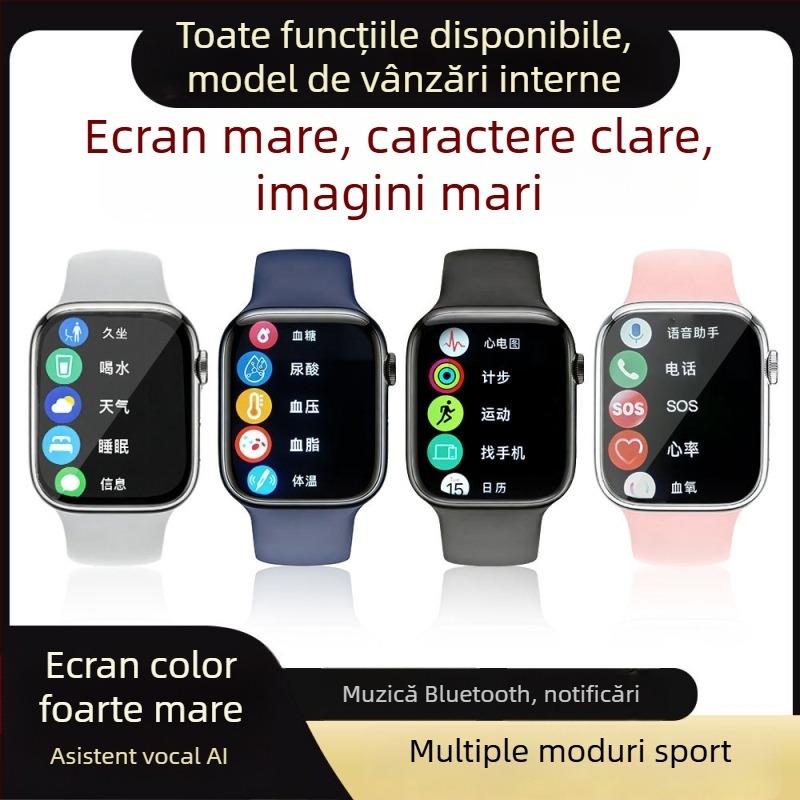 Ceas inteligent multifuncțional cu monitorizare tensiune arterială, ritm cardiac, glicemie, urmărire somn, apeluri Bluetooth, NFC și încărcare USB; display TFT 2,01 inchi, carcasă pătrată din aliaj de aluminiu, curea din silicon.