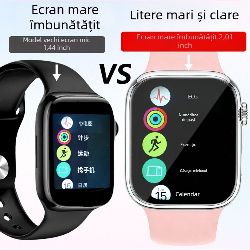 Ceas inteligent multifuncțional cu monitorizare tensiune arterială, ritm cardiac, glicemie, urmărire somn, apeluri Bluetooth, NFC și încărcare USB; display TFT 2,01 inchi, carcasă pătrată din aliaj de aluminiu, curea din silicon.