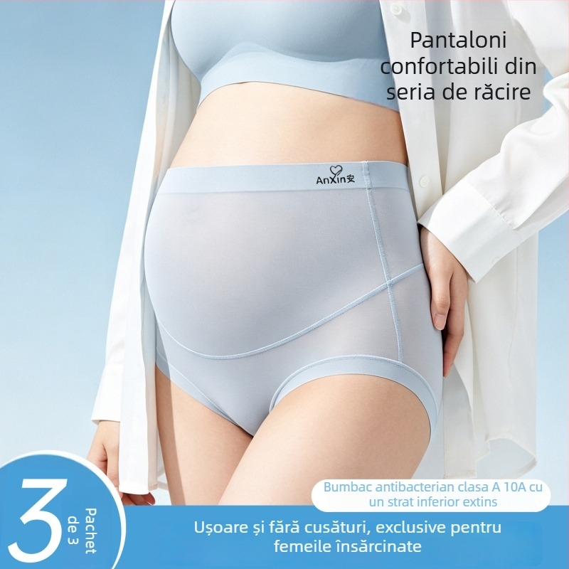 Lenjerie de maternitate cu talie înaltă din ice silk, antibacterian 10A, susținere a burții, chiloți triunghiulari, pentru sarcină mijlocie și târzie, ultra-subțire și respirabilă