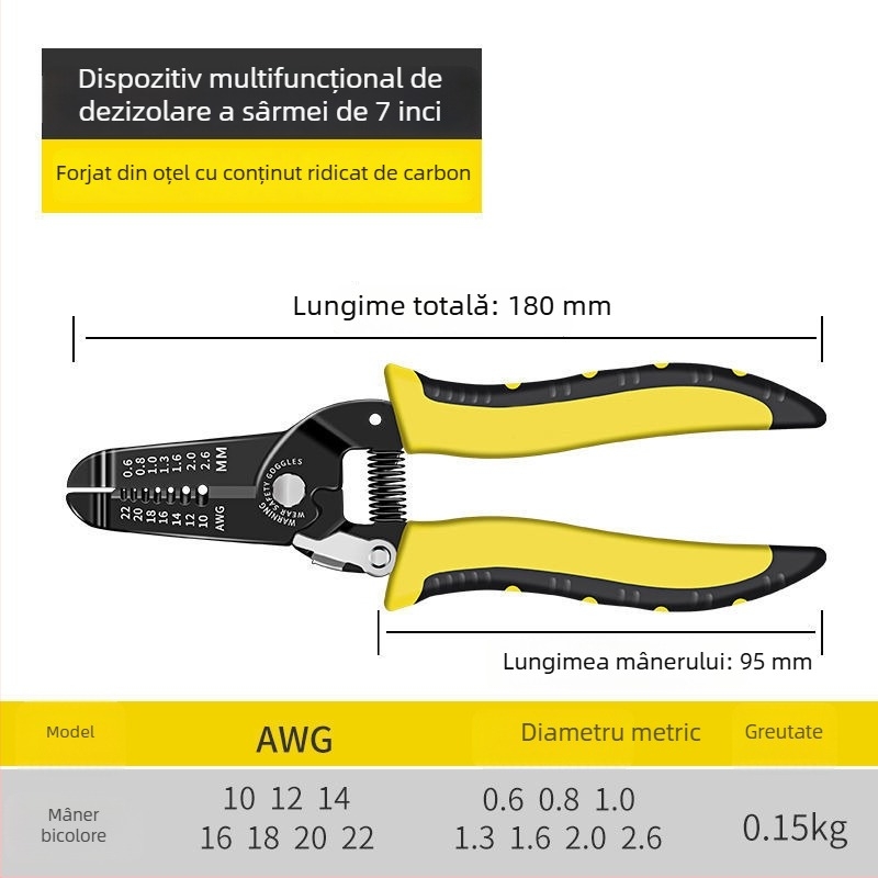 Clește pentru dezizolat fire, 7 inch, pentru electricieni, automat și multifuncțional, cu tăiere manuală a firelor