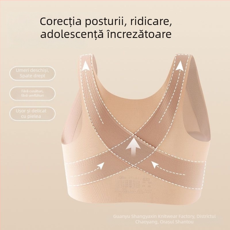 Bustier sport fără cusături pentru fete 12–15 ani, susținere a spatelui, nailon, cupă completă, respirabil și confortabil.