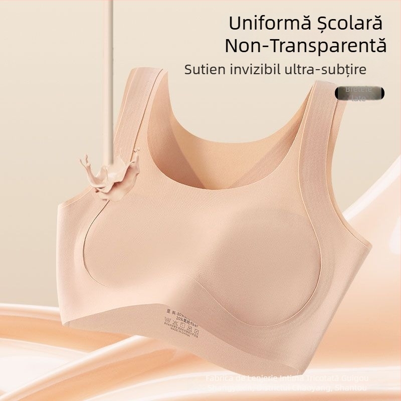 Bustier sport fără cusături pentru fete 12–15 ani, susținere a spatelui, nailon, cupă completă, respirabil și confortabil.