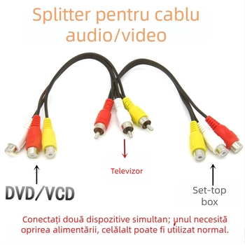 Cablu AV splitter 1 la 2, conectori RCA, 3 mufe masculine către 6 mufe feminine, cupru placat cu aur, pentru conectarea DVD/set-top box la televizor