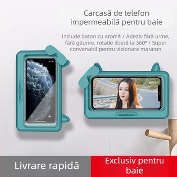 Suport de telefon impermeabil pentru baie, montare pe perete fără găuri, husă impermeabilă antifog pentru mâini ude