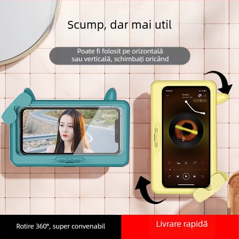 Suport de telefon impermeabil pentru baie, montare pe perete fără găuri, husă impermeabilă antifog pentru mâini ude