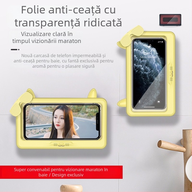 Suport de telefon impermeabil pentru baie, montare pe perete fără găuri, husă impermeabilă antifog pentru mâini ude