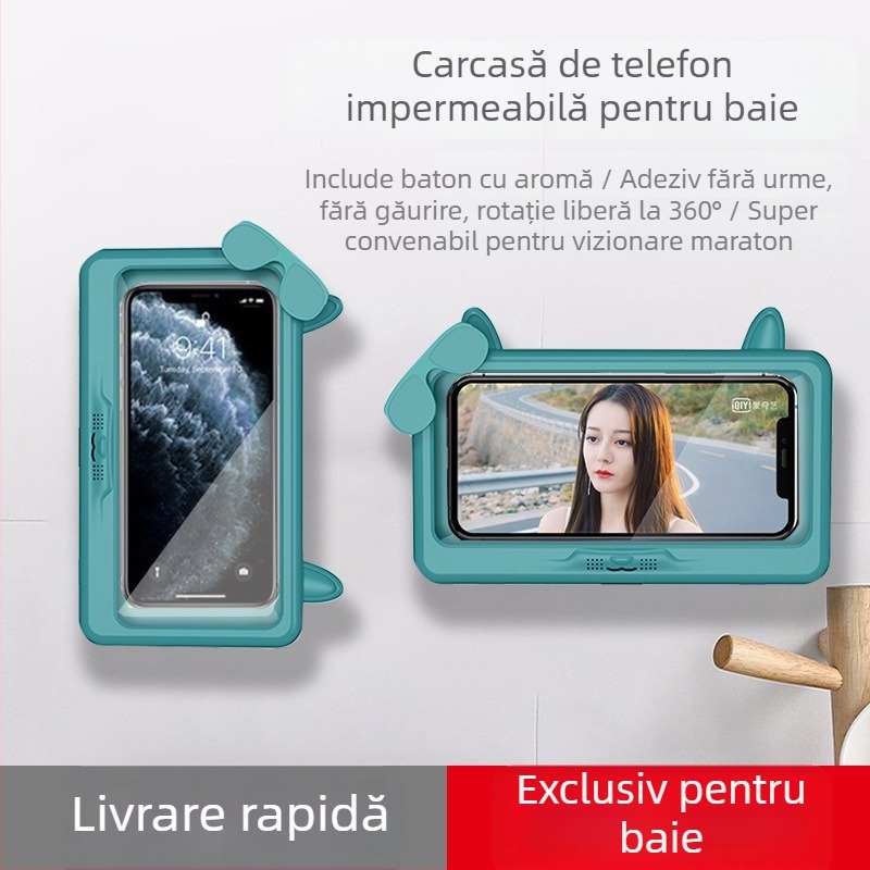Suport de telefon impermeabil pentru baie, montare pe perete fără găuri, husă impermeabilă antifog pentru mâini ude