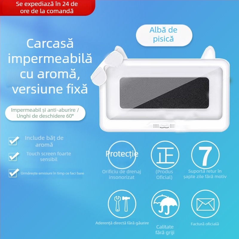 Suport de telefon impermeabil pentru baie, montare pe perete fără găuri, husă impermeabilă antifog pentru mâini ude