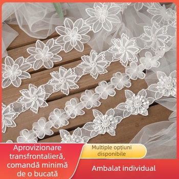 Dantelă din organza albă, brodată cu mărgele albe, cu două straturi, pentru accesorii