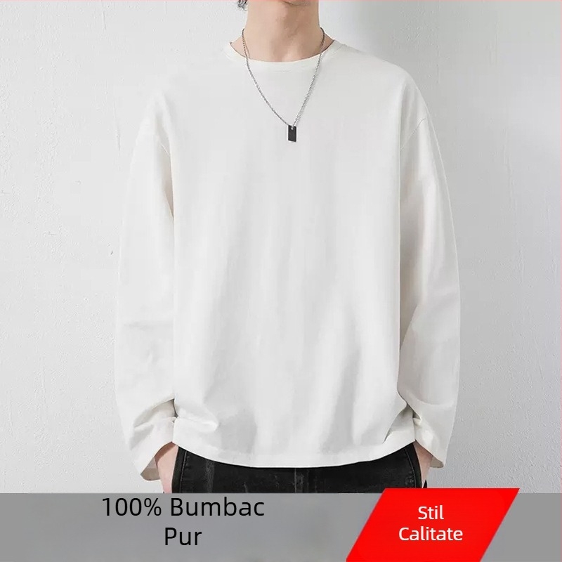 Tricou pentru bărbați din bumbac, mânecă lungă, guler rotund, strat de bază subțire pentru toamnă-iarnă, croială Slim, versatil.