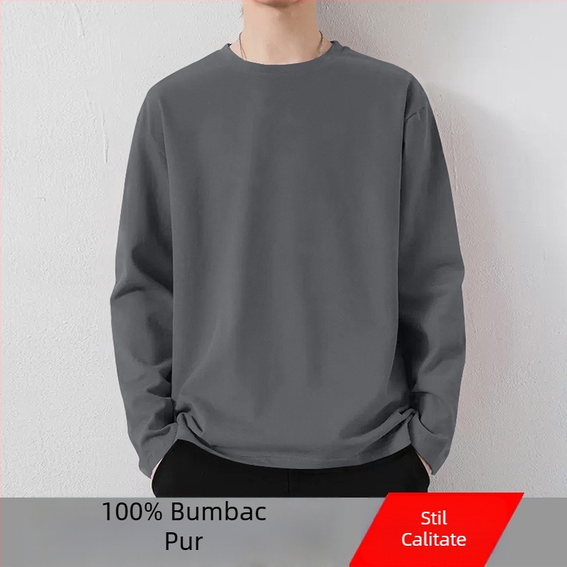 Tricou pentru bărbați din bumbac, mânecă lungă, guler rotund, strat de bază subțire pentru toamnă-iarnă, croială Slim, versatil.