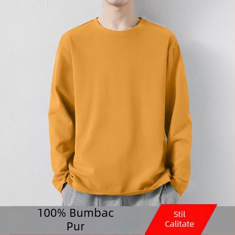 Tricou pentru bărbați din bumbac, mânecă lungă, guler rotund, strat de bază subțire pentru toamnă-iarnă, croială Slim, versatil.