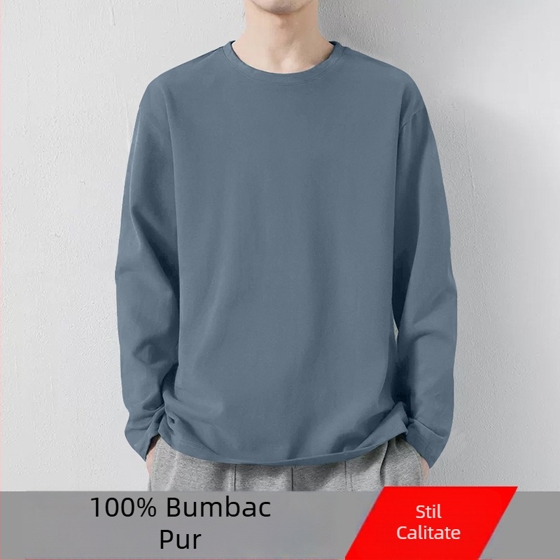 Tricou pentru bărbați din bumbac, mânecă lungă, guler rotund, strat de bază subțire pentru toamnă-iarnă, croială Slim, versatil.