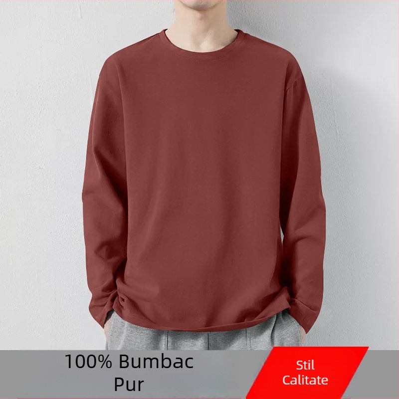 Tricou pentru bărbați din bumbac, mânecă lungă, guler rotund, strat de bază subțire pentru toamnă-iarnă, croială Slim, versatil.