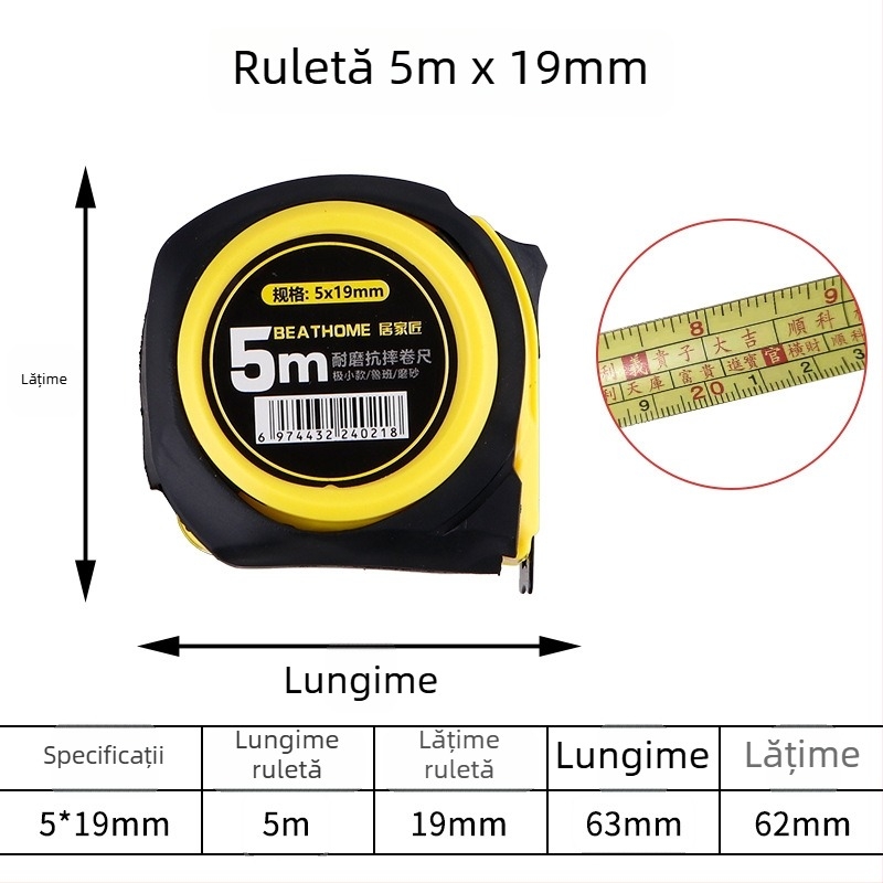 Luban ruler, bandă metrică din oțel inoxidabil rezistentă la cădere, 5 m, 7,5 m, 10 m, cu husă din plastic.