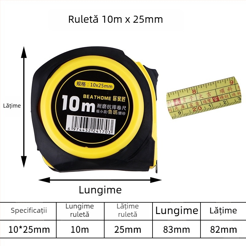 Luban ruler, bandă metrică din oțel inoxidabil rezistentă la cădere, 5 m, 7,5 m, 10 m, cu husă din plastic.
