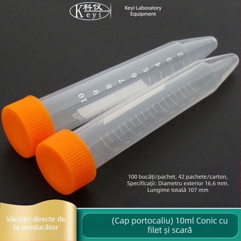 Tuburi de centrifugă cu capace filetate, gradate, 10 mL / 15 mL, cu fund conic, capace portocalii și albastre