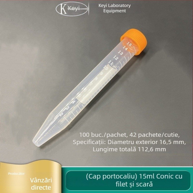 Tuburi de centrifugă cu capace filetate, gradate, 10 mL / 15 mL, cu fund conic, capace portocalii și albastre
