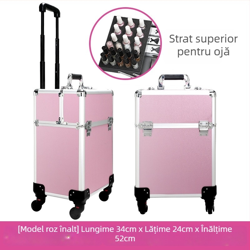 Valiză de machiaj profesională, cu capacitate mare, din aluminiu, cu role, pentru machiaj, microblading și artă a unghiilor