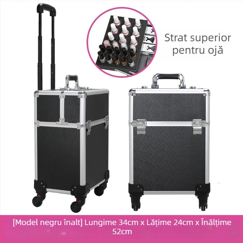 Valiză de machiaj profesională, cu capacitate mare, din aluminiu, cu role, pentru machiaj, microblading și artă a unghiilor