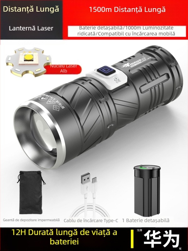 Fener LED Yinnuo pentru exterior - reîncărcabil, ultra-luminos, rază lungă peste 500 m, impermeabil, portabil, lanternă tactică de căutare