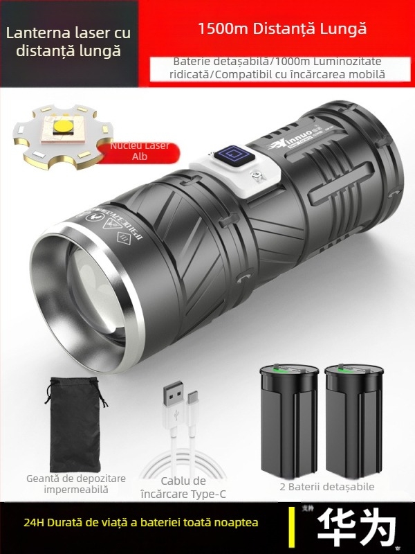 Fener LED Yinnuo pentru exterior - reîncărcabil, ultra-luminos, rază lungă peste 500 m, impermeabil, portabil, lanternă tactică de căutare
