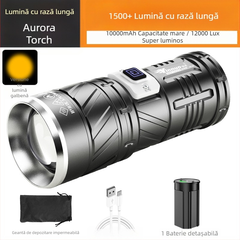 Fener LED Yinnuo pentru exterior - reîncărcabil, ultra-luminos, rază lungă peste 500 m, impermeabil, portabil, lanternă tactică de căutare