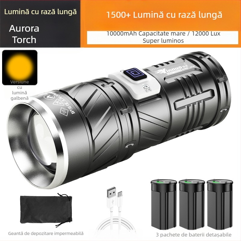 Fener LED Yinnuo pentru exterior - reîncărcabil, ultra-luminos, rază lungă peste 500 m, impermeabil, portabil, lanternă tactică de căutare