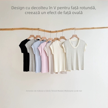 Tricou damă de vară din amestec mătase-lână, Tencel Modal, Slim Fit, guler în formă de U, umeri căzuți