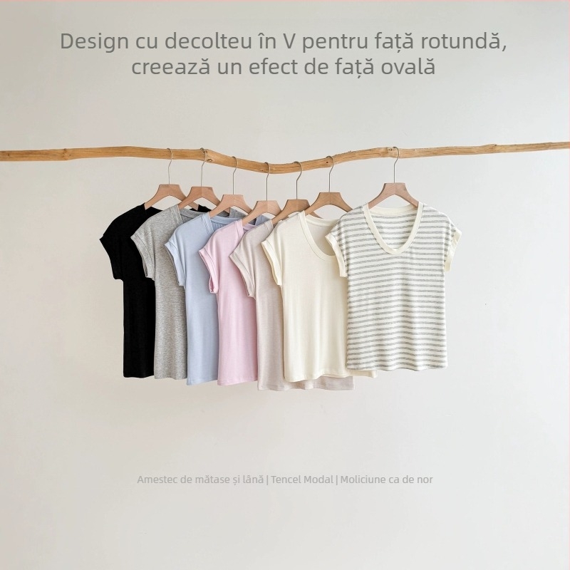 Tricou damă de vară din amestec mătase-lână, Tencel Modal, Slim Fit, guler în formă de U, umeri căzuți