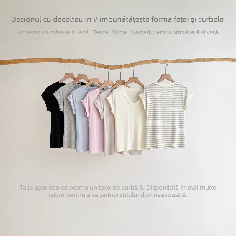 Tricou damă de vară din amestec mătase-lână, Tencel Modal, Slim Fit, guler în formă de U, umeri căzuți