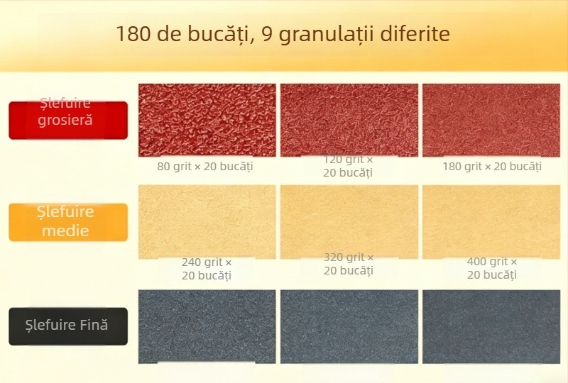 Set de șmirghel pentru lemn 30×90 mm, cu unelte de șlefuire manuală pentru finisare (foi pătrate)