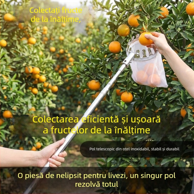 Colector de fructe din oțel inoxidabil, multifuncțional pentru ramuri înalte, destinat agriculturii și utilizării în aer liber