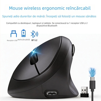 Mouse vertical ergonomic, în formă de ou, Bluetooth, încărcare duală, funcționare silențioasă