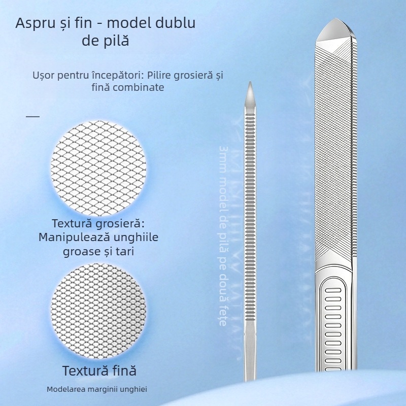 Pila de unghii din oțel inoxidabil, lustruită, dublă față, vârf ascuțit, priză antiderapantă, pilă exfoliantă îngroșată