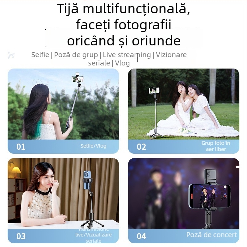 Mini trepied pentru selfie pe podea, suport pentru telefon telescopic, rotire 360°, Bluetooth