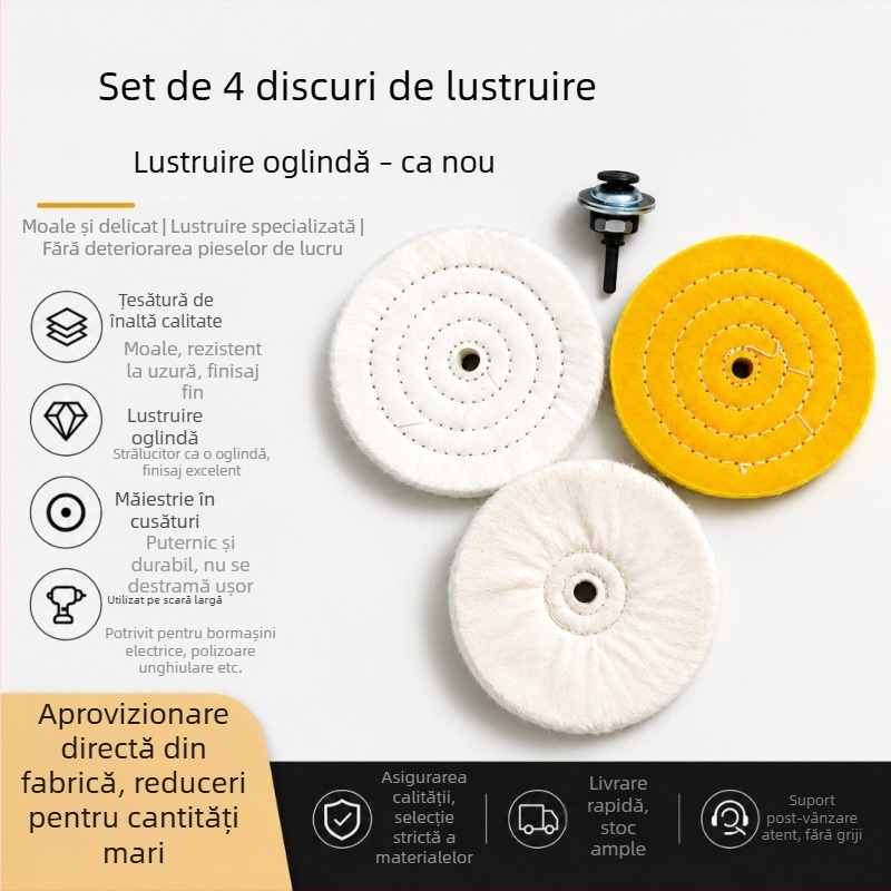 Set de roți textile pentru lustruire bijuterii, metal, lemn și mobilier – 4 piese