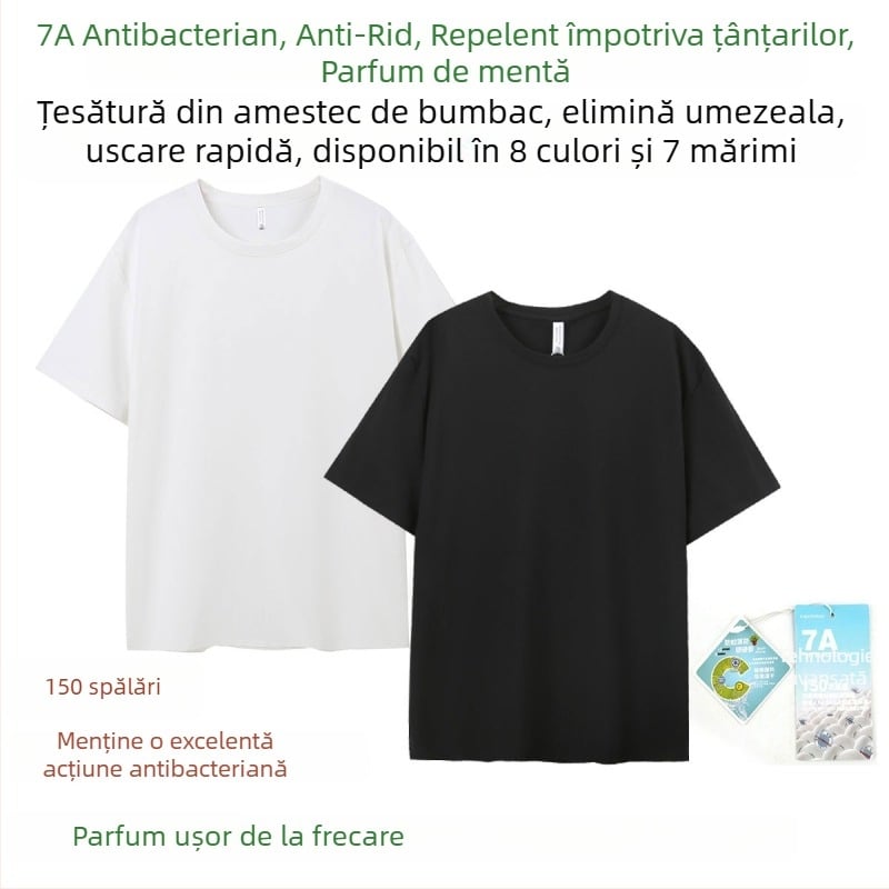 Tricou cu guler rotund, culoare solidă, poliester, antibacterian, antișifonare, mâneci scurte, uscare rapidă, respinge insectele, parfum mentă
