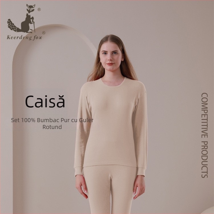 Set termic din bumbac 100% pentru femei și bărbați, guler rotund, croială slim, pentru primăvară–toamnă–iarna, top cu mânecă lungă și pantaloni