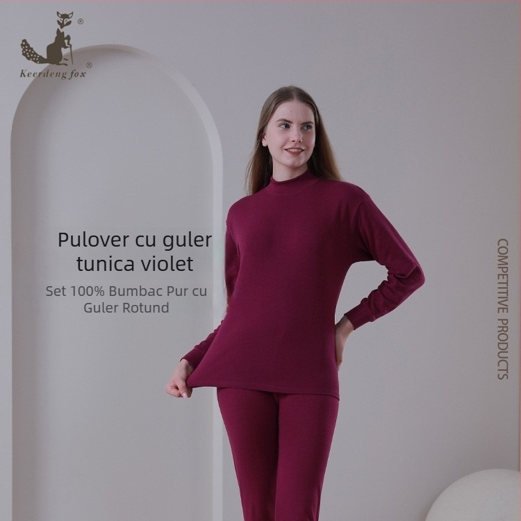 Set termic din bumbac 100% pentru femei și bărbați, guler rotund, croială slim, pentru primăvară–toamnă–iarna, top cu mânecă lungă și pantaloni