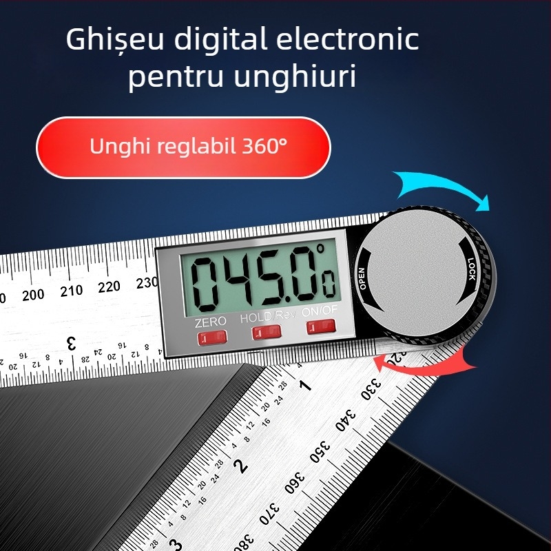 Riglă unghiulară digitală cu afișaj, precizie înaltă, măsurare de 360°, riglă universală pentru tâmplărie