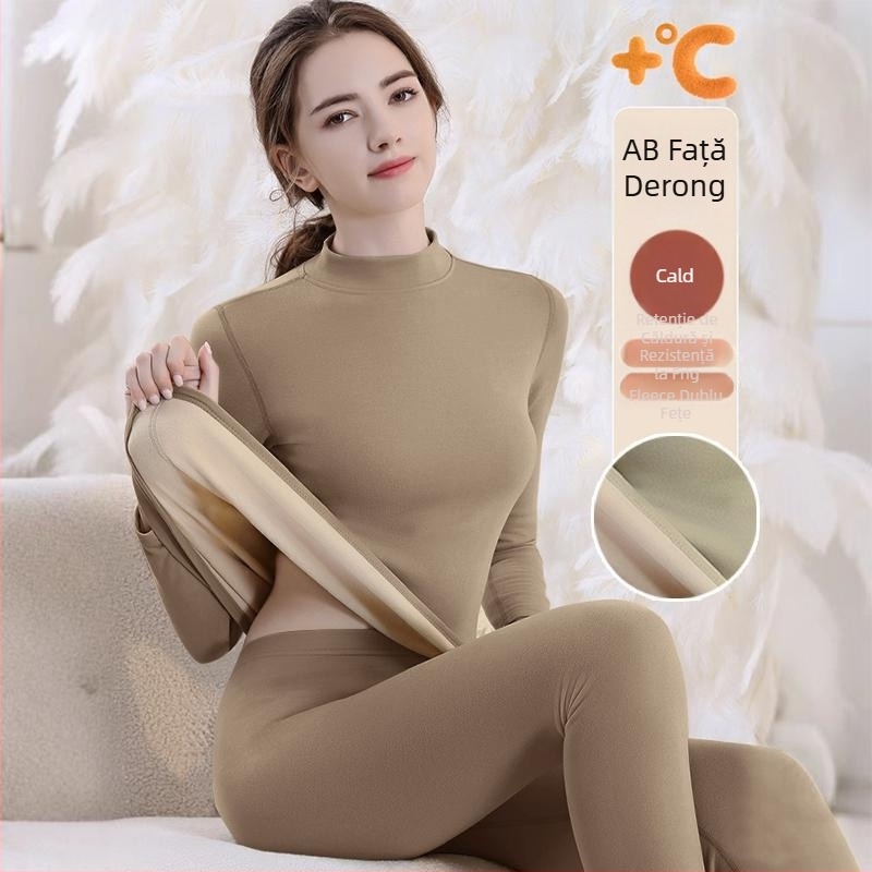 Set de lenjerie termică cu căptușeală din fleece, gros pentru toamnă și iarnă, tops și pantaloni termici pentru femei, țesătură periată pe ambele fețe
