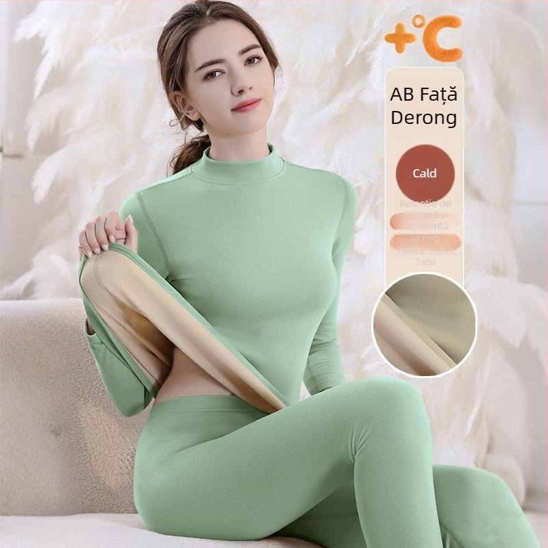 Set de lenjerie termică cu căptușeală din fleece, gros pentru toamnă și iarnă, tops și pantaloni termici pentru femei, țesătură periată pe ambele fețe
