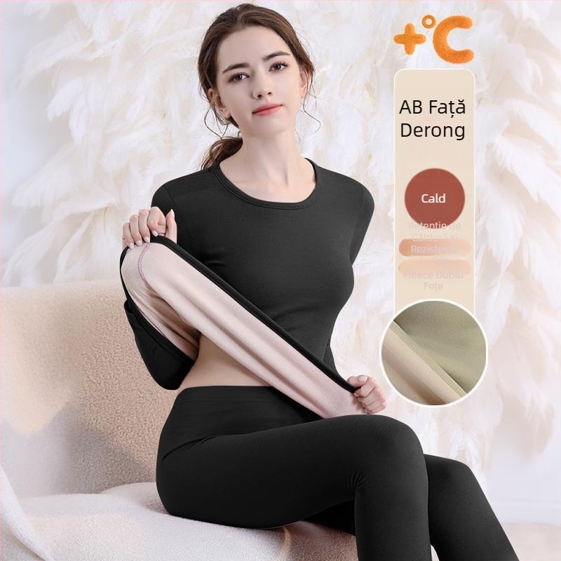Set de lenjerie termică cu căptușeală din fleece, gros pentru toamnă și iarnă, tops și pantaloni termici pentru femei, țesătură periată pe ambele fețe