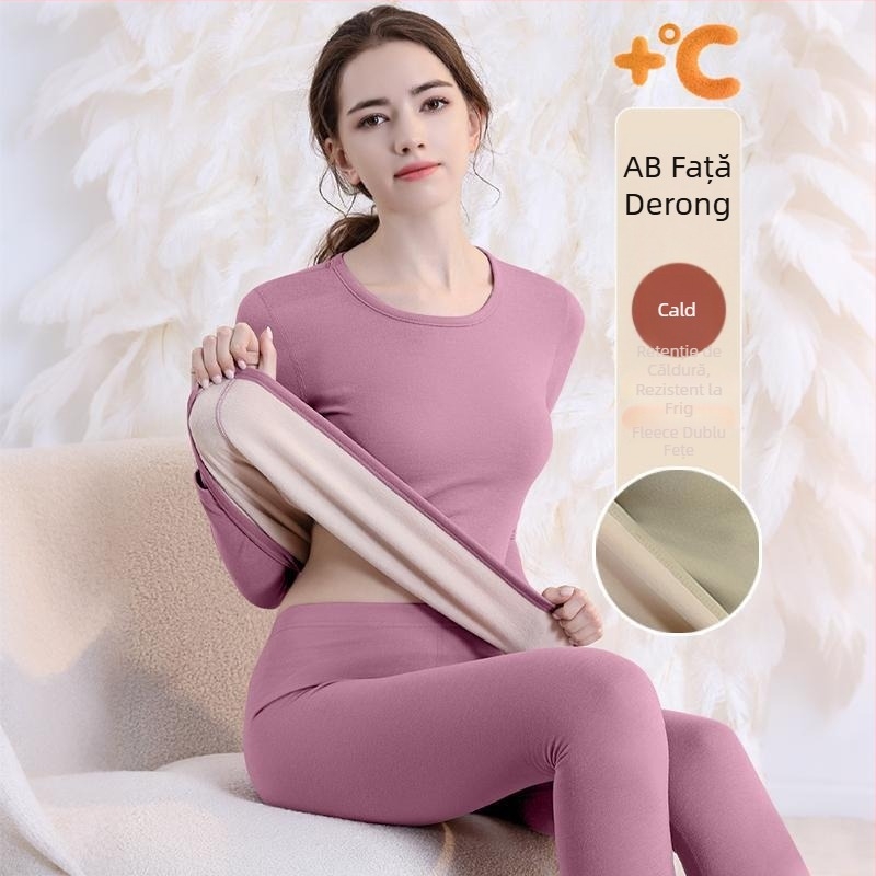 Set de lenjerie termică cu căptușeală din fleece, gros pentru toamnă și iarnă, tops și pantaloni termici pentru femei, țesătură periată pe ambele fețe