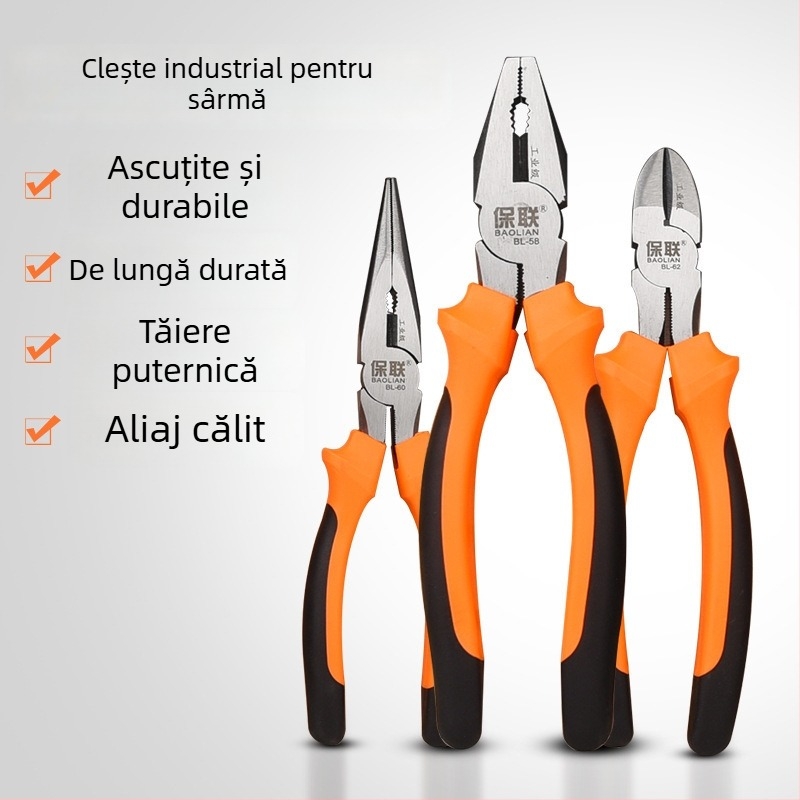 Baolian Clește de 8 inch cu vârf ascuțit, tăietor diagonal și tăietor de sârmă, pentru uz industrial, unealtă manuală multifuncțională