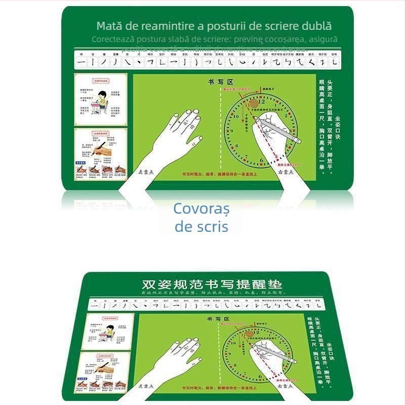 Suport de scriere pentru elevi cu poziție corectă a ținerii pixului, suprafață de scriere pentru copii, zonă moale de birou cu protecție pentru ochi și mouse pad ecologic
